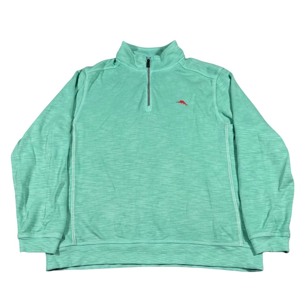 Tommy Bahama Quarter Zip Pullover Mens XL Green Slub Knit Coastal Marlin Logo
